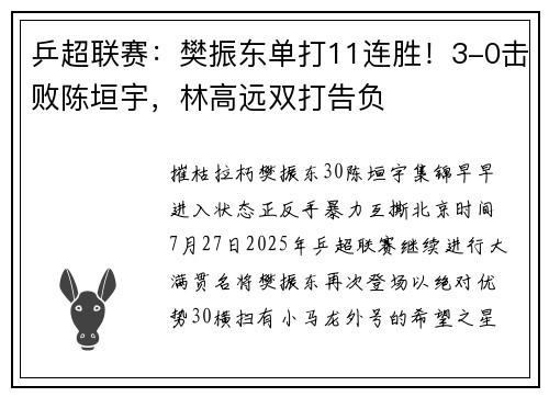 乒超联赛：樊振东单打11连胜！3-0击败陈垣宇，林高远双打告负